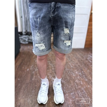 『老爺有喜』重磅貓抓三破壞牛仔短褲(NOF2403326)水泥灰 彈性抽鬚 牛仔破褲 顯瘦修身窄管 補丁破壞牛仔褲
