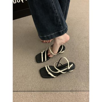 法式粗跟黑色套趾涼鞋仙女鞋子2024新款夏季中跟配裙子細帶羅馬鞋