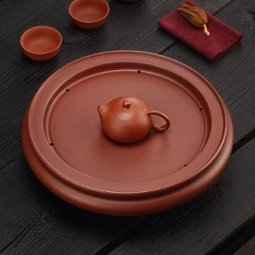 冠發潮州朱泥功夫茶盤圓形功夫茶具雙層大小型蓄水茶海茶臺干泡盤