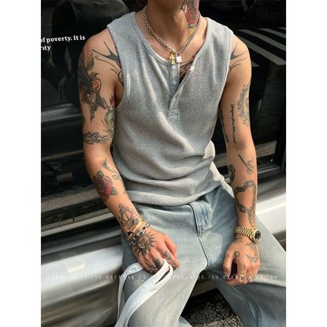 男夏新款老錢風亨利領肌理感螺紋工字背心男修身透氣無袖坦克t恤