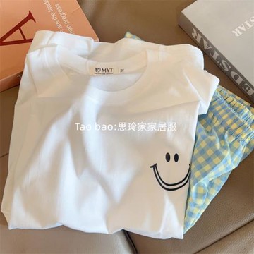 睡衣女款夏季新款韓版薄棉簡約笑臉圓領短袖長褲可外穿家居服套裝
