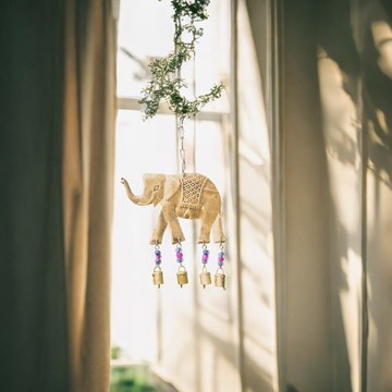 15 吋復古手工大象風鈴 多彩串珠與牛鈴點綴 適用陽台花園室內擺