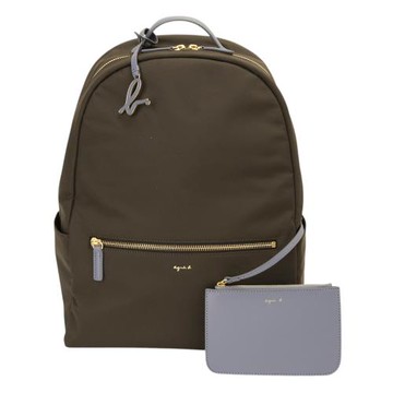 agnes b.- 金字LOGO 附手拿包尼龍後背包(深褐色)大款