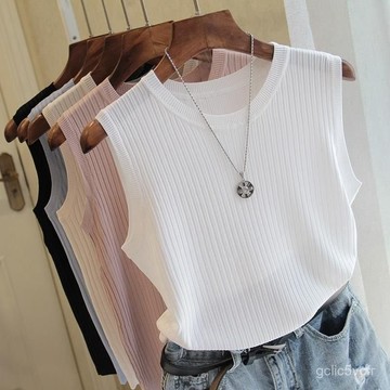 臺灣出貨 S-4XL 無袖上衣 大尺碼背心 夏裝新款圓領背心女寬肩帶百搭冰絲薄款內搭無袖針織純色外穿上衣