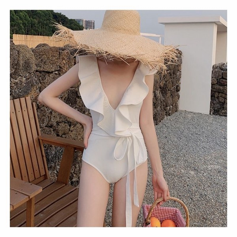 ワンピ水着 フリル 水着 レディース サマーワンピ 白 夏服 可愛い ワンピース水着 リボン Vネック 体系カバー きれいめ 通販 Lineポイント最大0 5 Get Lineショッピング