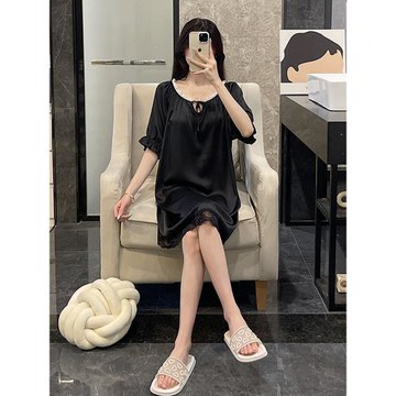 【涼感】冰絲睡裙睡衣女夏季短袖蕾絲2025新款黑色絲綢外穿家居服