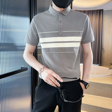 男士大尺碼POLO衫 商務休閒短袖上衣 POLO衫短袖T恤男夏季潮流25新款修身條紋拼接時尚半袖翻領體恤0809