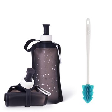 100%時尚便攜捲式鉑金矽膠水瓶-550ml-星空黑+水瓶刷(藍色)