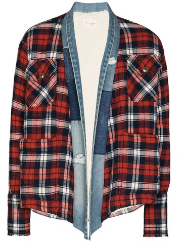 Greg Lauren - plaid flannel and denim cardigan - men - Polyester/Cotton - 1 - Blue