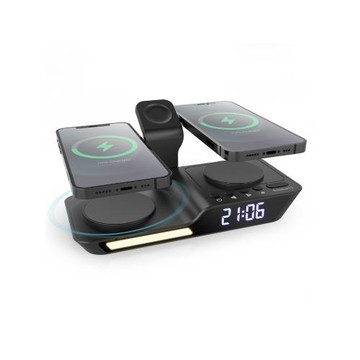 3合1手機無線充電器桌面充電站帶時鐘鬧鐘夜燈手機支架適用于蘋果手表無線充電座