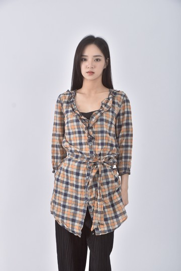 (S) 質感棉質格紋橘色長袖上衣