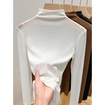 白色半高領網紗打底衫女春秋長袖內搭薄紗衣透明t恤新款蕾絲上衣