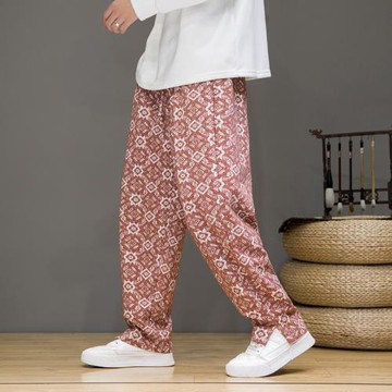 休閑長褲男春秋直筒寬松哈倫褲中國風復古提花褲子小腳錐形燈籠褲