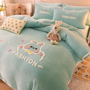 卡通牛奶寶寶絨床上四件套雙面加厚法蘭絨被套冬季法萊珊瑚絨床單