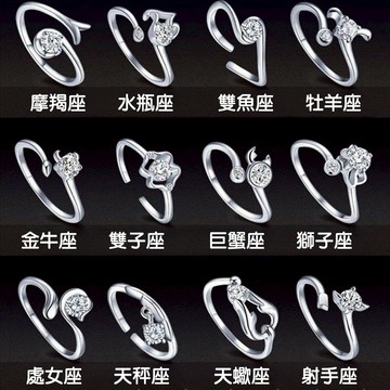 紅帽嚴選💖開運十二星座戒指💖可調白金戒指925銀戒指星座戒指鋯石鑽石鑲鑽戒開口戒 12星座戒指 戒指男戒指女，RN011