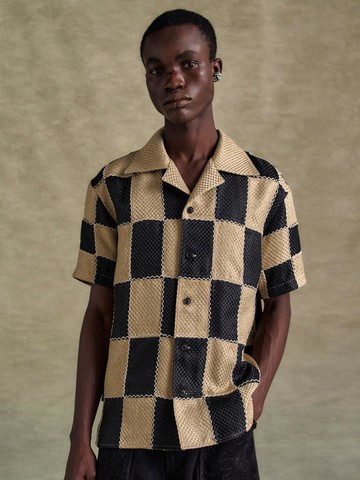 PATCHWORK OPEN COLLAR SHIRTS [BLACK/BEIGE]