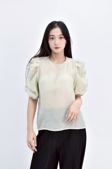 (S) chloe chen質感圓領透膚綠色短袖上衣