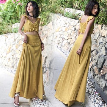 夏季新款海邊度假沙灘裙性感露臍波西米亞長裙顯瘦半身裙兩件套裝