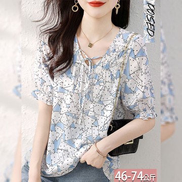 V領繫帶皺摺三角點點印花拚色上衣 M-2XL【301416X】【現+預】-流行前線-