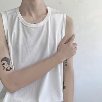 夏季坑條紋背心男生高街bf寬松休閑圓領無袖T恤潮流百搭帥氣坎肩