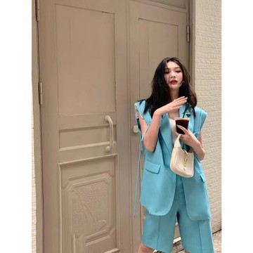 春夏新女裝款韓版時尚不規則無袖西裝馬甲外套休閑短褲子兩件套裝