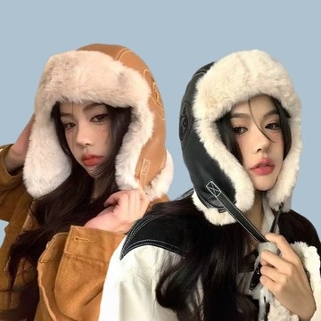 現貨-雷鋒帽女秋冬保暖pu皮質毛帽戶外滑雪防寒護耳帽飛行帽防風騎行