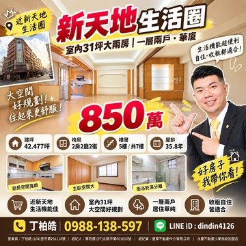 新天地生活圈室內31坪大兩房 ｜買房找丁丁｜台南市中西區府緯街
