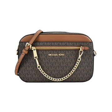MICHAEL KORS MK掛鍊滿版斜背相機包-大/棕