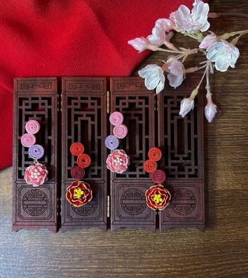 (細工布花 x 中國風) 花紐/盤扣 牡丹 耳環/耳夾