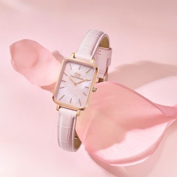 【Daniel Wellington】Quadro DW00100508 珍珠面盤 皮錶帶 方形女錶 粉/玫瑰金
