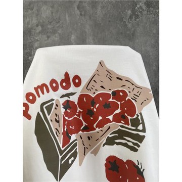 美式復古趣味番茄印花短袖T恤男女款夏季潮牌圓領設計感情侶上衣