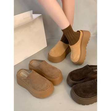 芒果頭真皮大頭輕便半拖女2025秋冬小個子松糕厚底增高一腳蹬拖鞋