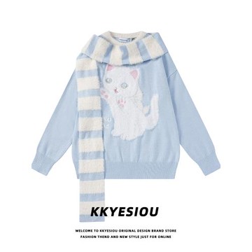 KKyesiou買毛衣送圍巾！美式復古甜美貓咪學院風情侶多巴胺針織衫