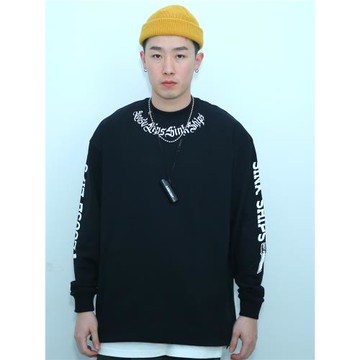 bboy寬松大碼街頭純棉印花重磅簡約hiphop匪幫美式小領口長袖t恤