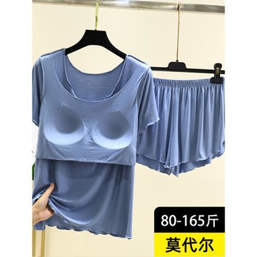 莫代爾胸墊睡衣套裝夏薄款飛邊免穿文胸上衣短褲兩件套休閑家居服