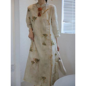 夏季新中式國風苧麻改良旗袍長裙復古文藝盤扣棉麻連衣裙禪意茶服