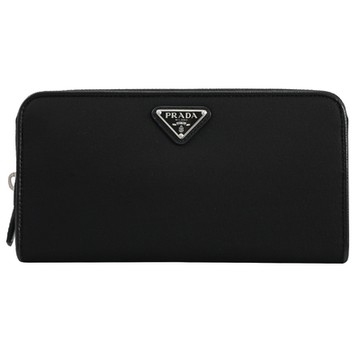 PRADA 經典三角logo尼龍ㄇ字拉鍊長夾(黑/銀)