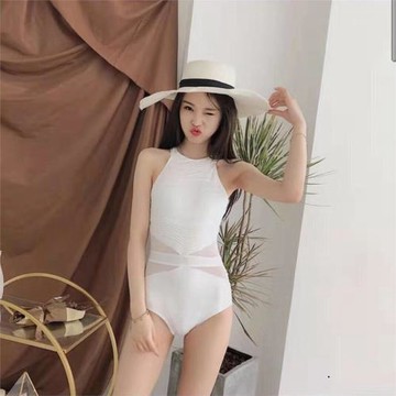 ins風性感連體泳衣 露背時尚度假白色比基尼一體式高腰三角泳裝女
