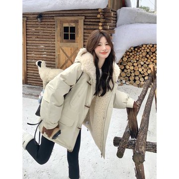 韓版寬松中戲牛角扣加絨加厚派克服女冬新款小個子工裝棉衣短外套