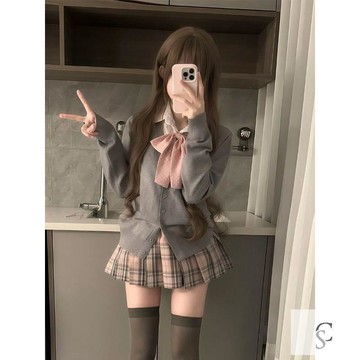 【XL-8XL大尺碼】👩大尺碼秋冬JK套裝 大碼學院套裝 大尺碼女装胖MM大碼原創JK制服淺灰色開衫毛衣基礎百搭襯衫疊