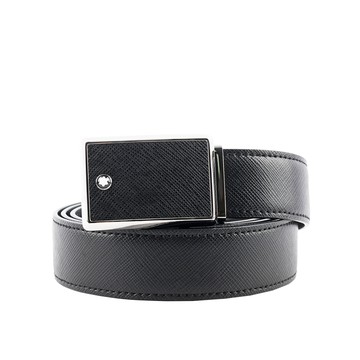 Montblanc 萬寶龍 銀框方形搭扣防刮皮革寬3cm皮帶/黑色