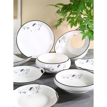 新款輕奢山水畫商用菜盤不規則家用陶瓷火鍋店炒菜熱菜涼菜盤餐具