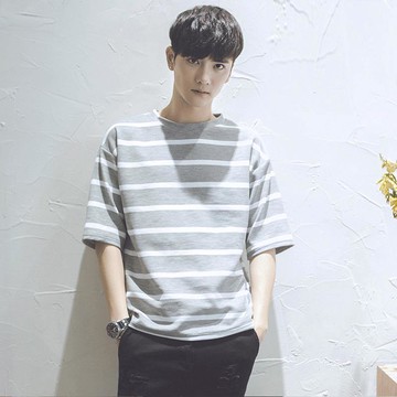 夏季日系條紋寬松韓版潮流半袖五分丅學生百搭短袖t恤潮流上衣男