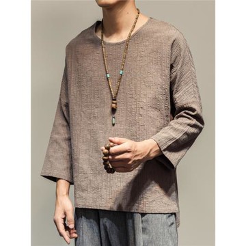 中國風潮牌男士圓領套頭衫男裝棉麻七分袖T恤亞麻T恤上衣寬松純色