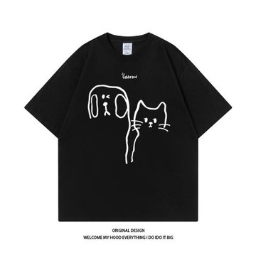 潮牌簡約趣味貓貓狗狗印花短袖男女同款體恤2024夏季新款圓領上衣