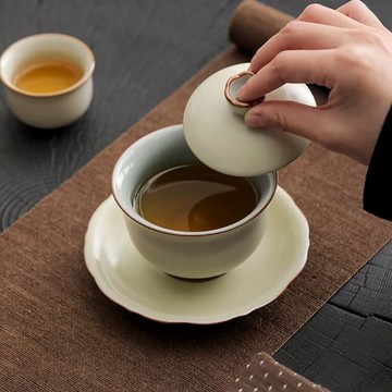 黃汝大號三才蓋碗家用單個汝窯冰裂開片可養輕奢功夫泡茶碗敬茶杯