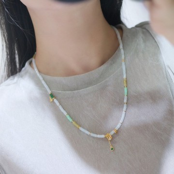 翡翠  原創天然A貨翡翠項鏈百搭鏈/可做3圈手鏈 搭古法銀配飾