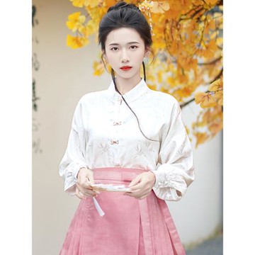 配馬面裙的襯衣新中式上衣古風女裝漢服對襟上衫春秋長袖國風襯衫