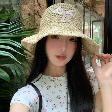 韓版蝴蝶結刺繡草編漁夫帽女海邊度假鏤空透氣防曬法式大帽檐草帽