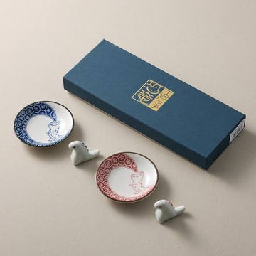 AWASAKA 美濃燒 - 江戶炎龍豆皿禮盒組 - 附筷架(4件式)